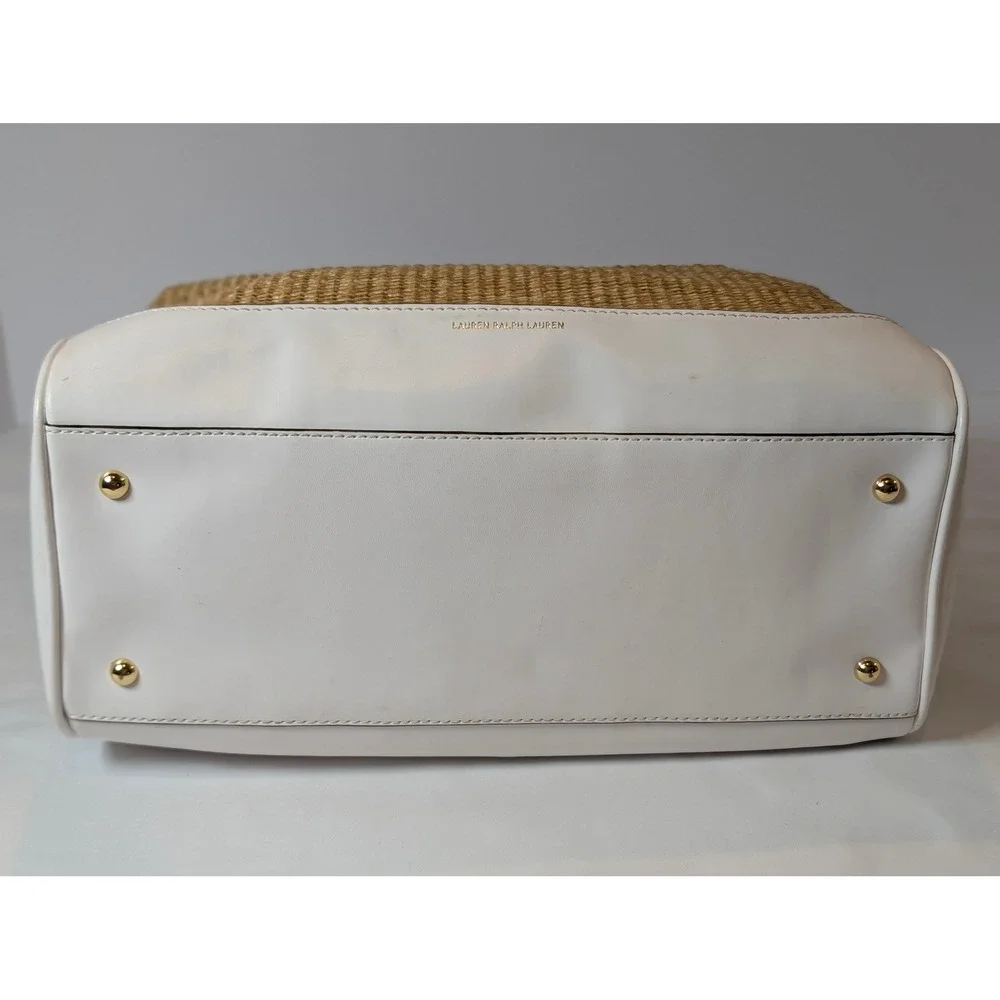 Lauren Ralph Lauren Straw Woven Satchel Bag White Leather Trim Gold Hardware